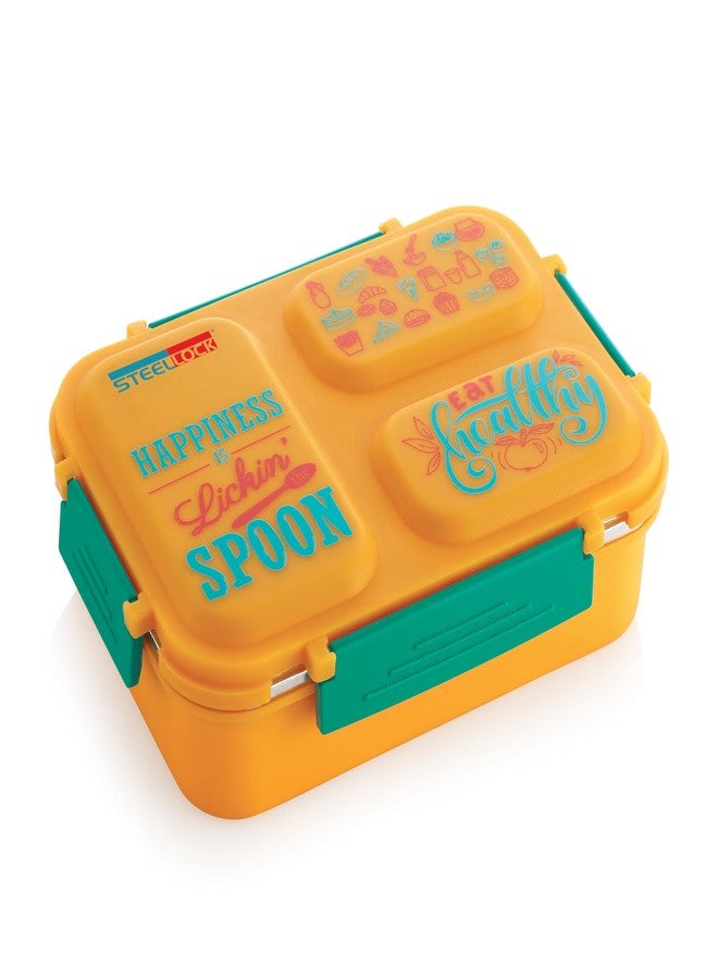 STEELLOCK علبة غداء سمارت ميل بثلاثة أقسام، مصنوعة من الفولاذ المقاوم للصدأ، معزولة حراريًا، للأطفال والكبار، مزودة بملعقة | علبة طعام مانعة للتسرب بغطاء مزود بحشية سيليكون | علبة بينتو للمدرسة، الأولاد، البنات، والمكتب، سعة 600 مل - أصفر - Image 4